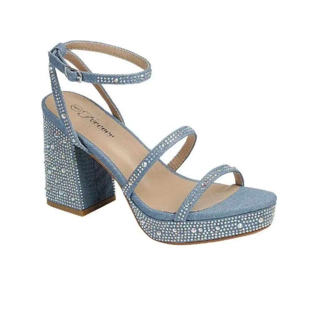 BRAND NEW FOREVER DENIN BLOCK HEEL VERSATILE STUDDED WITH PEARL SANDAL G1